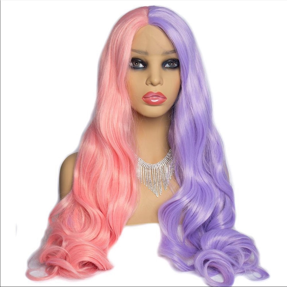 Half Purple Half Pink Lace Front Synthetic Long